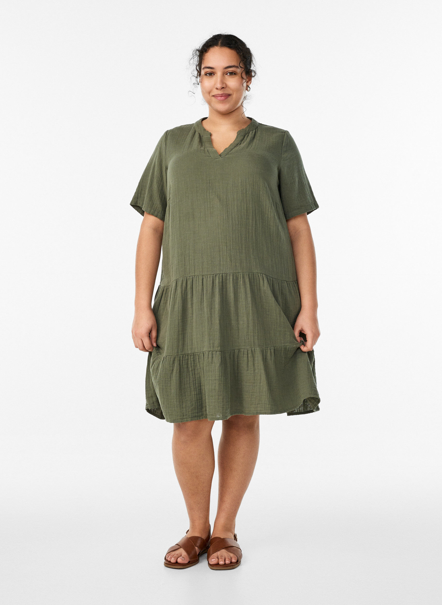ZizzifashionShort A-line dress in cotton muslin, Green, Model image number 1