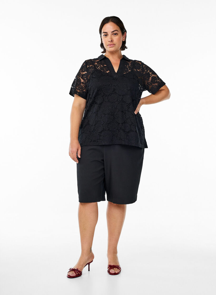 Lace blouse with a collar and V-neck, Black, Model image number 1