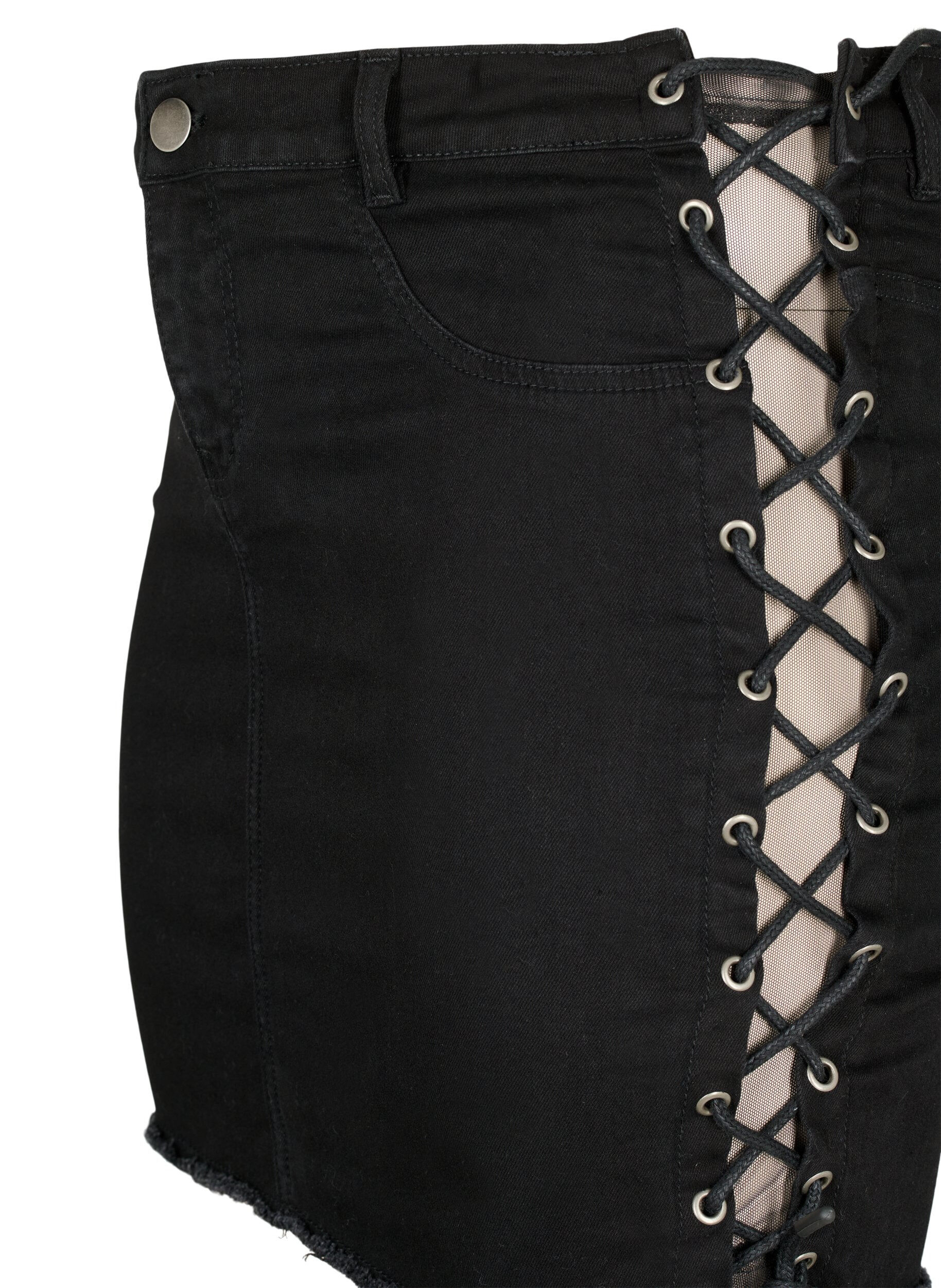 Zizzifashion Short denim skirt with lace-up details, Black, Packshot image number 2