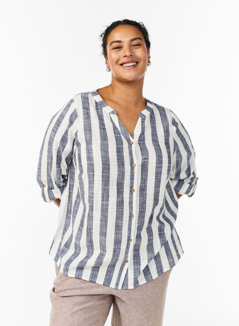 Cotton shirt blouse with V-neck, Blue, Model image number 0