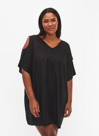 Beach dress with shoulder detail in viscose, Black, Model
