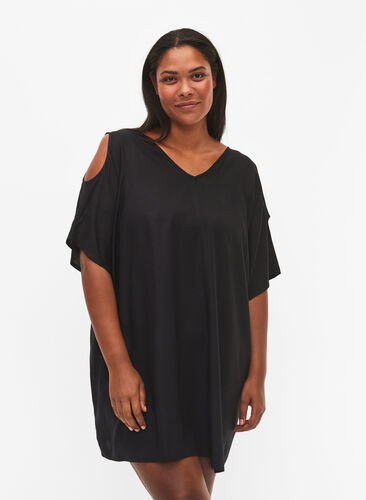 Beach dress with shoulder detail in viscose, Black, Model image number 0