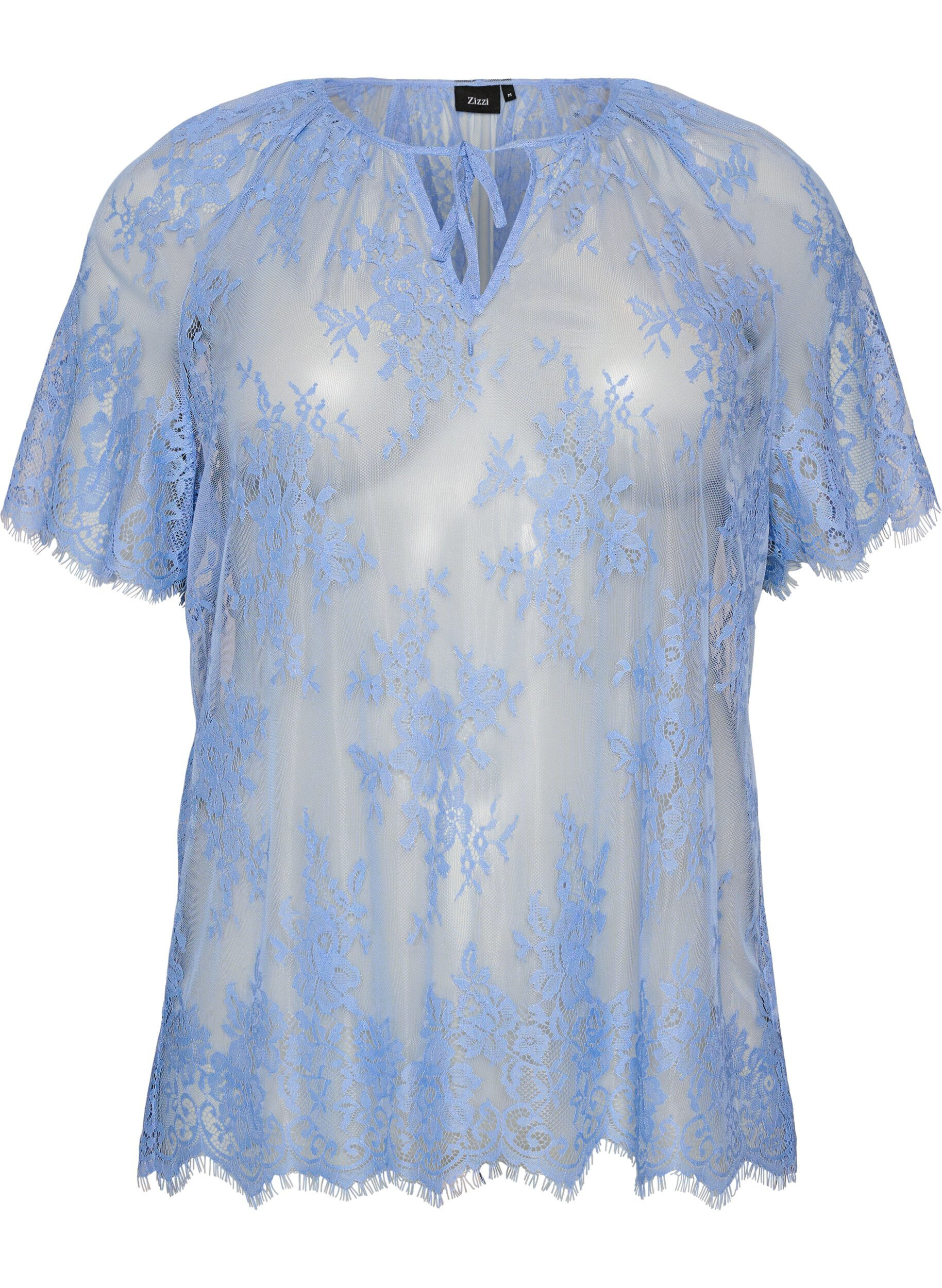 Short-sleeved lace blouse with tie-fastening
