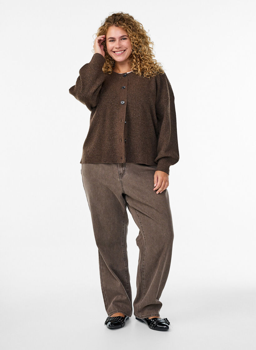 Rib knit cardigan with buttons, Brown, Model image number 1