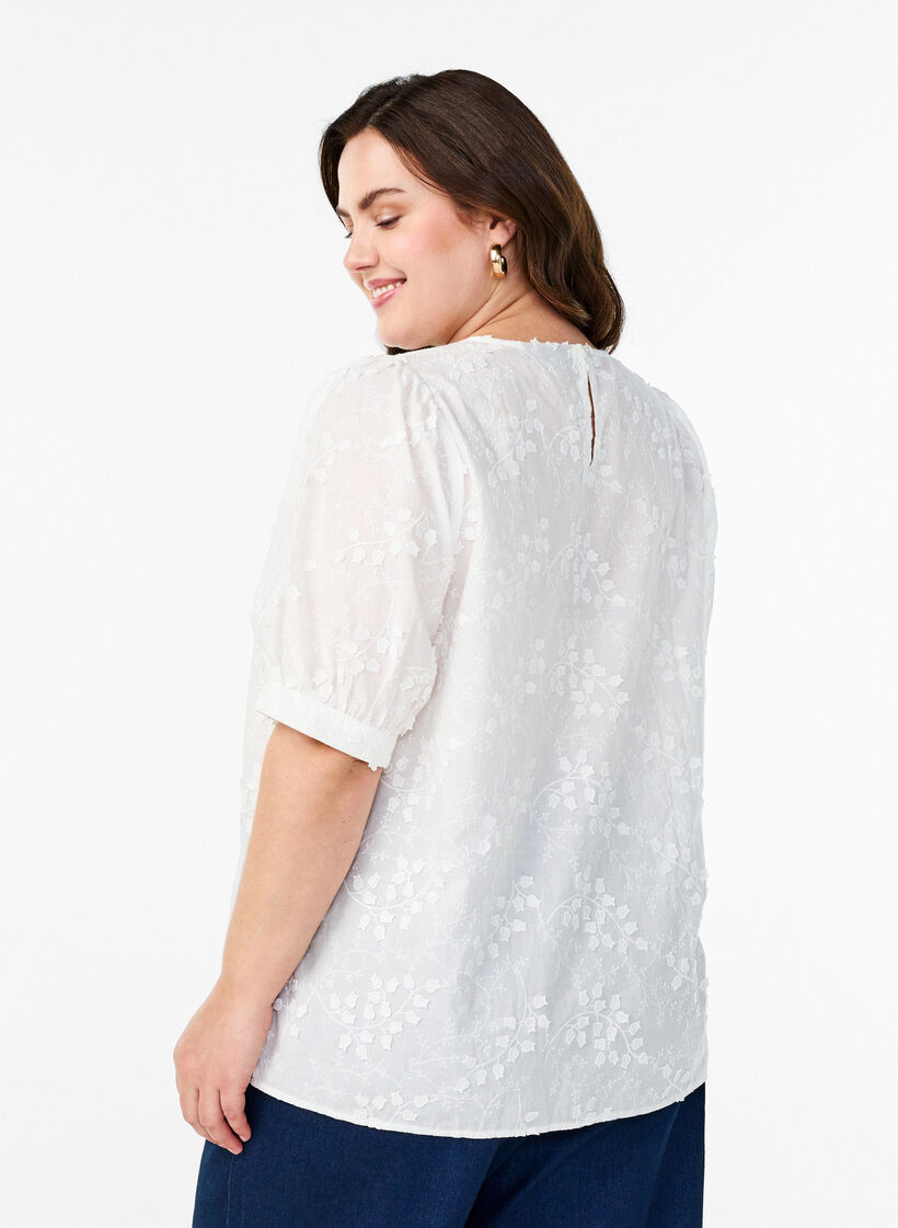 Short-sleeved blouse with embroidery and a round neck, White, Model image number 2