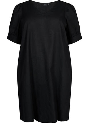 V-neck dress in cotton blend with linen, Black, Packshot image number 0