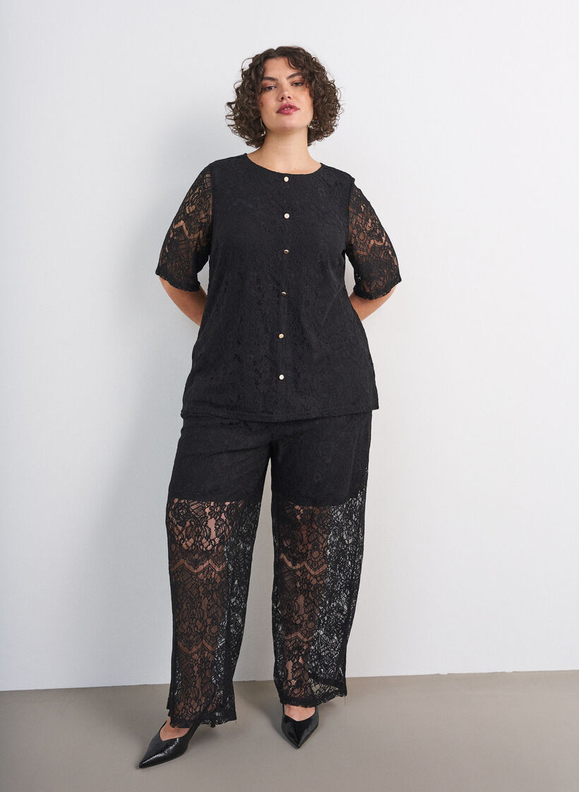 Lace blouse with decorative buttons, Black, Model image number 1