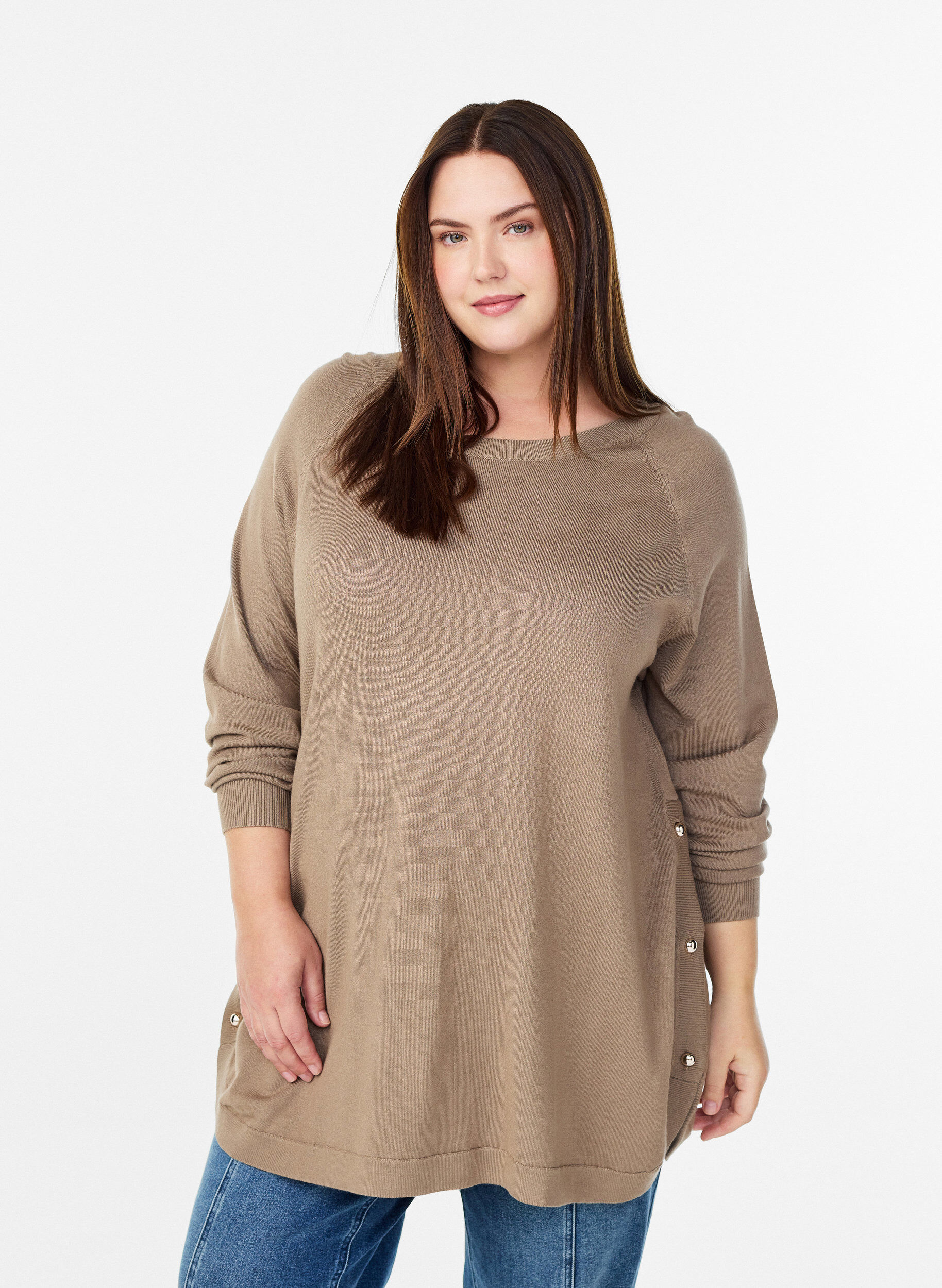 Knitted blouse with side buttons, Beige, Model