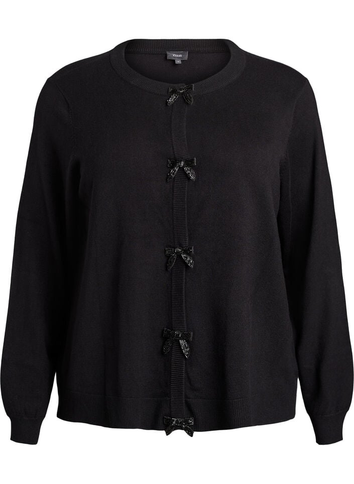 Cardigan with pearl-embroidered bows and press studs, Black, Packshot image number 0