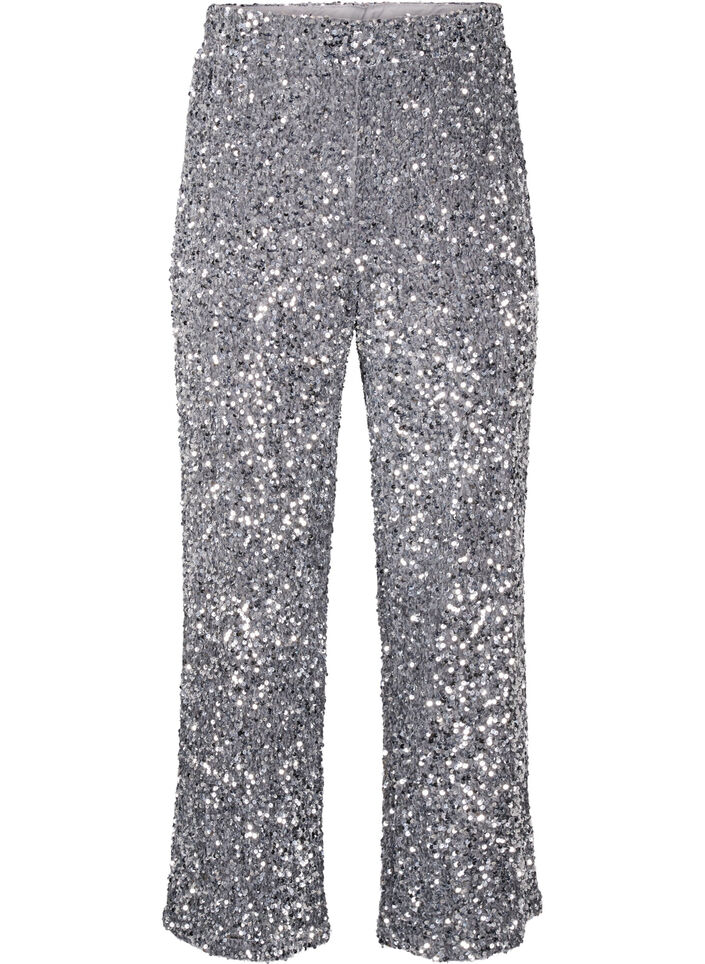 Loose sequin trousers with high waist, Silver, Packshot image number 0