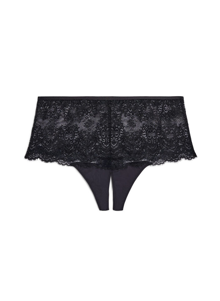 Lace hipster thong with an opening at the bottom, Black, Packshot image number 0