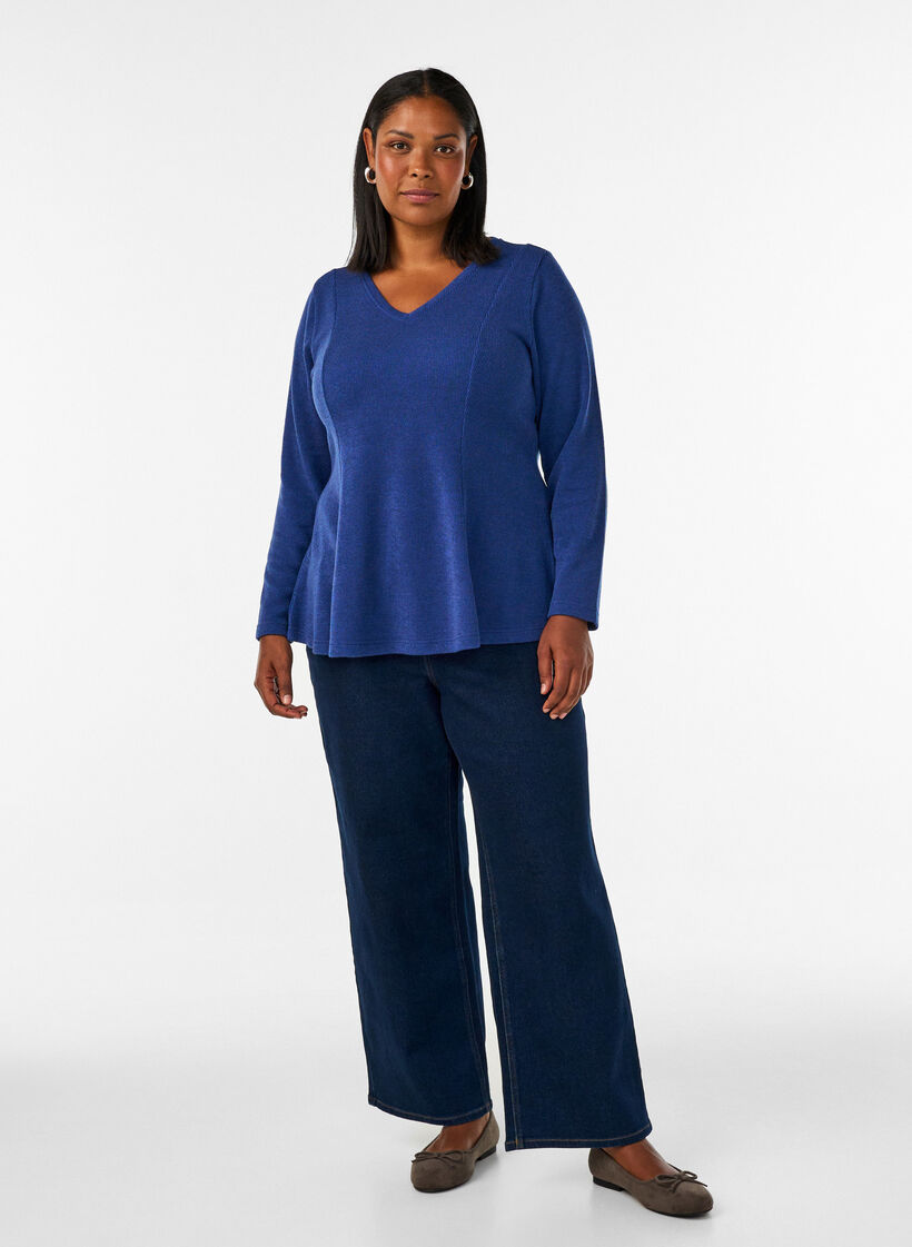Jersey blouse with a ribbed texture and an A-line fit, Blue, Model image number 1