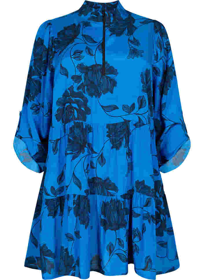 Floral viscose tunic with 3/4 sleeves, Blue Flower AOP, Packshot