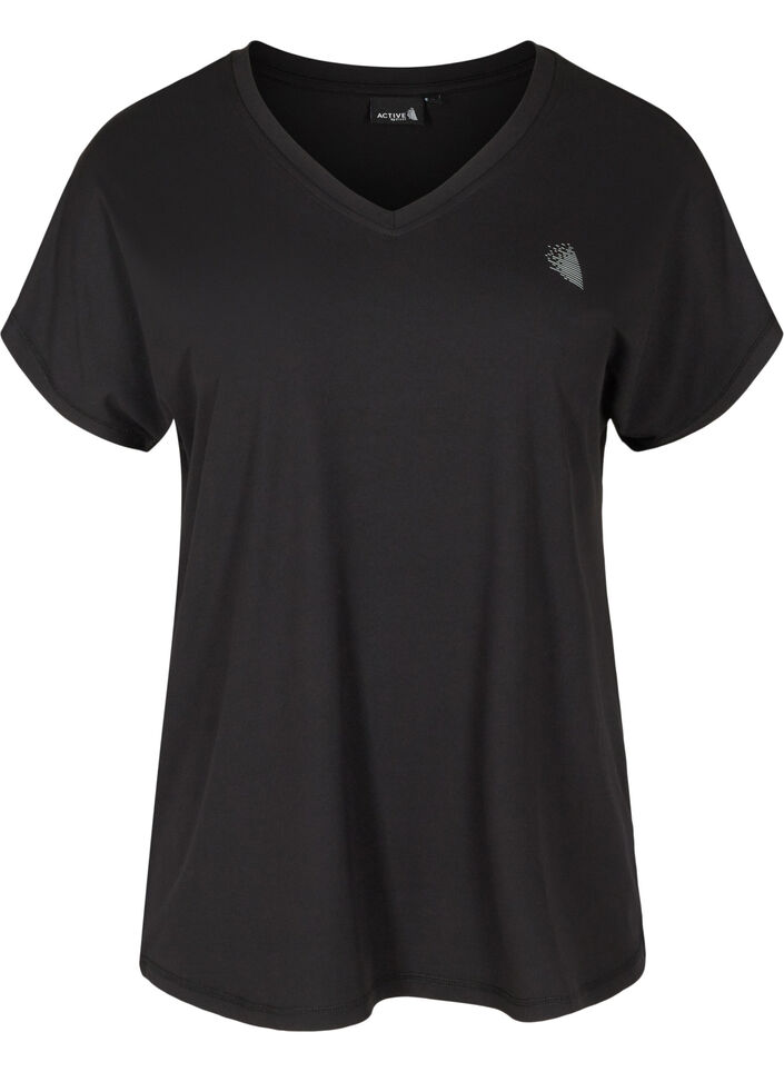 Loose training t-shirt with v-neck, Black, Packshot image number 0