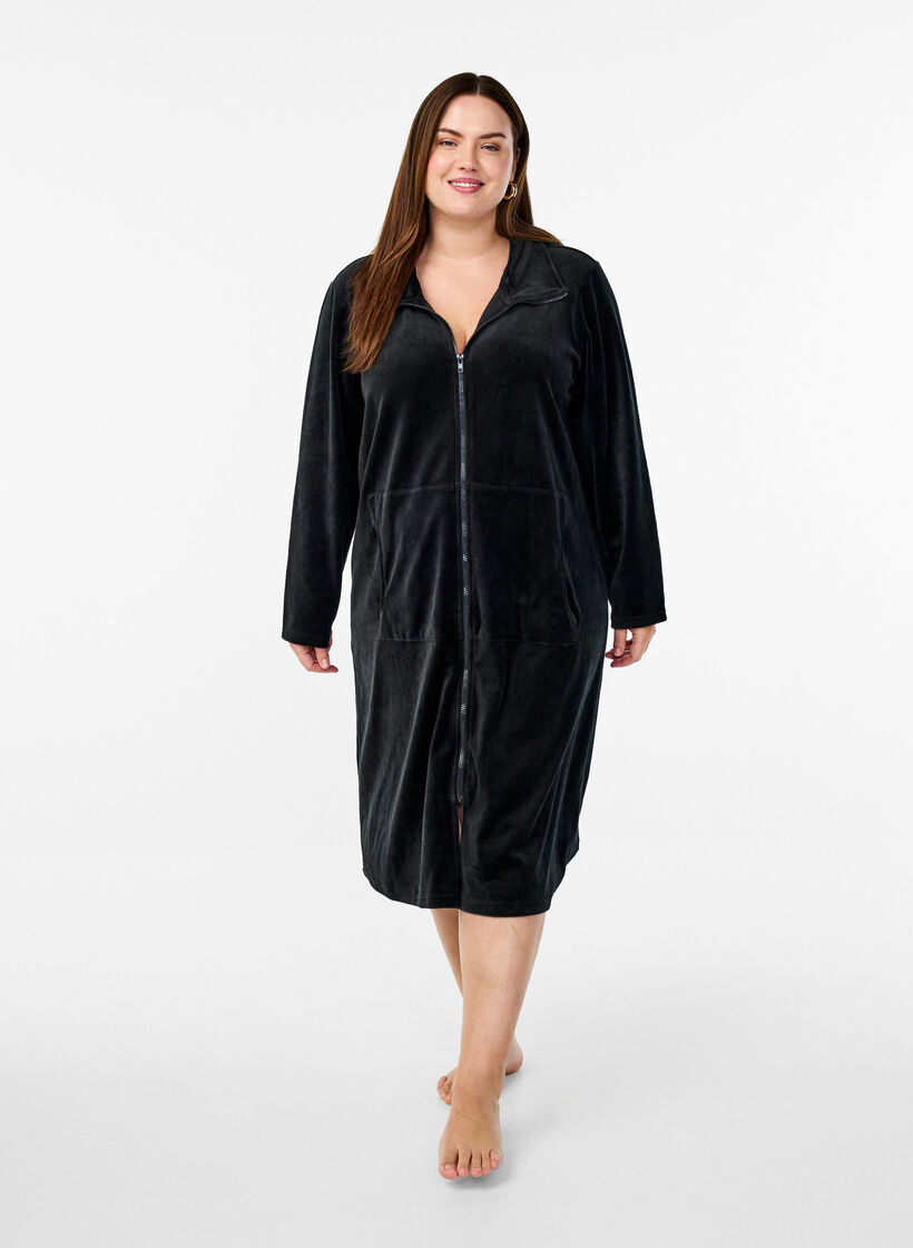 Velour dressing gown with zipper and pockets, Black, Model image number 0