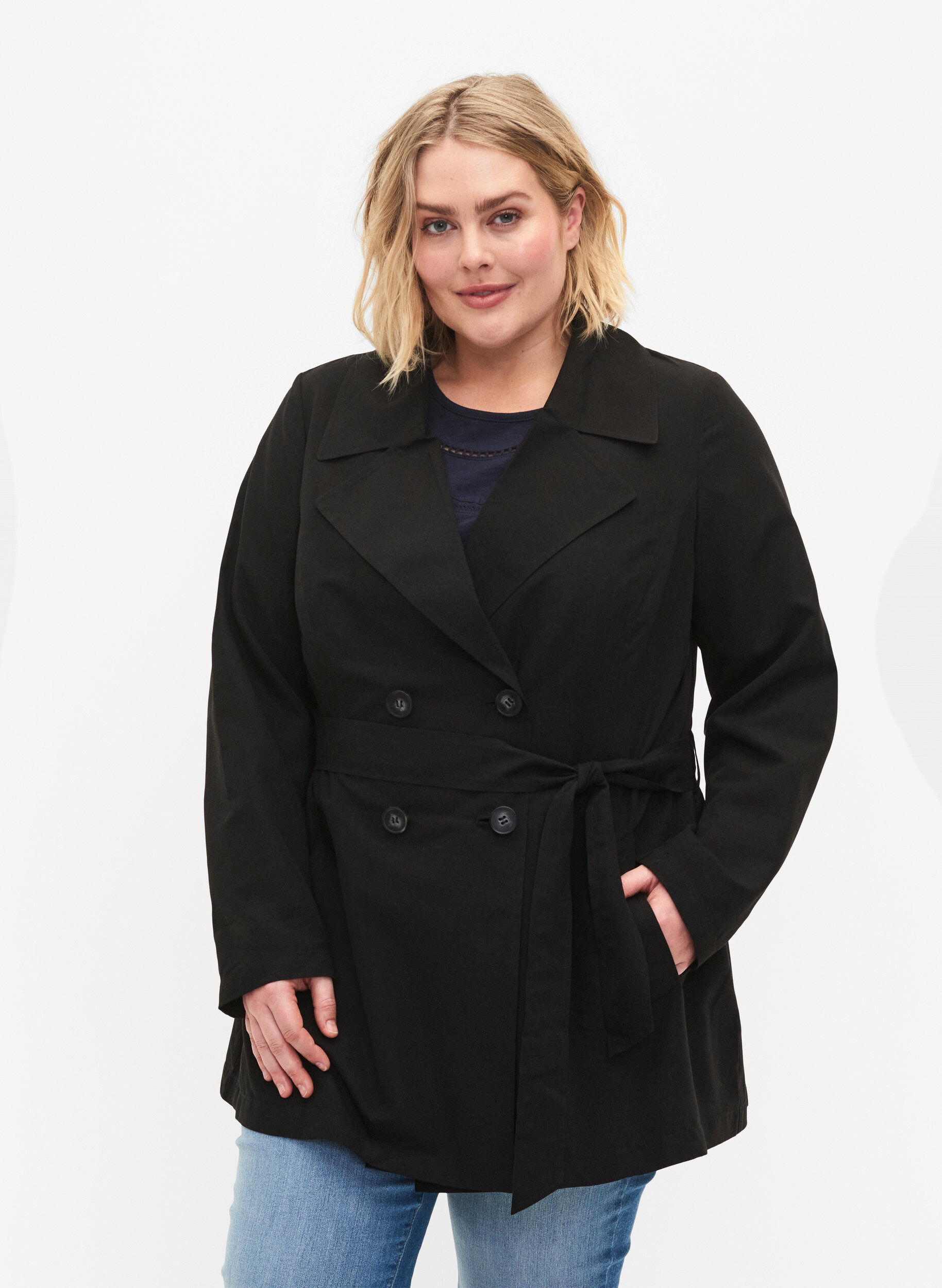 Zizzifashion Trench coat with belt and pockets, Black, Model image number 0