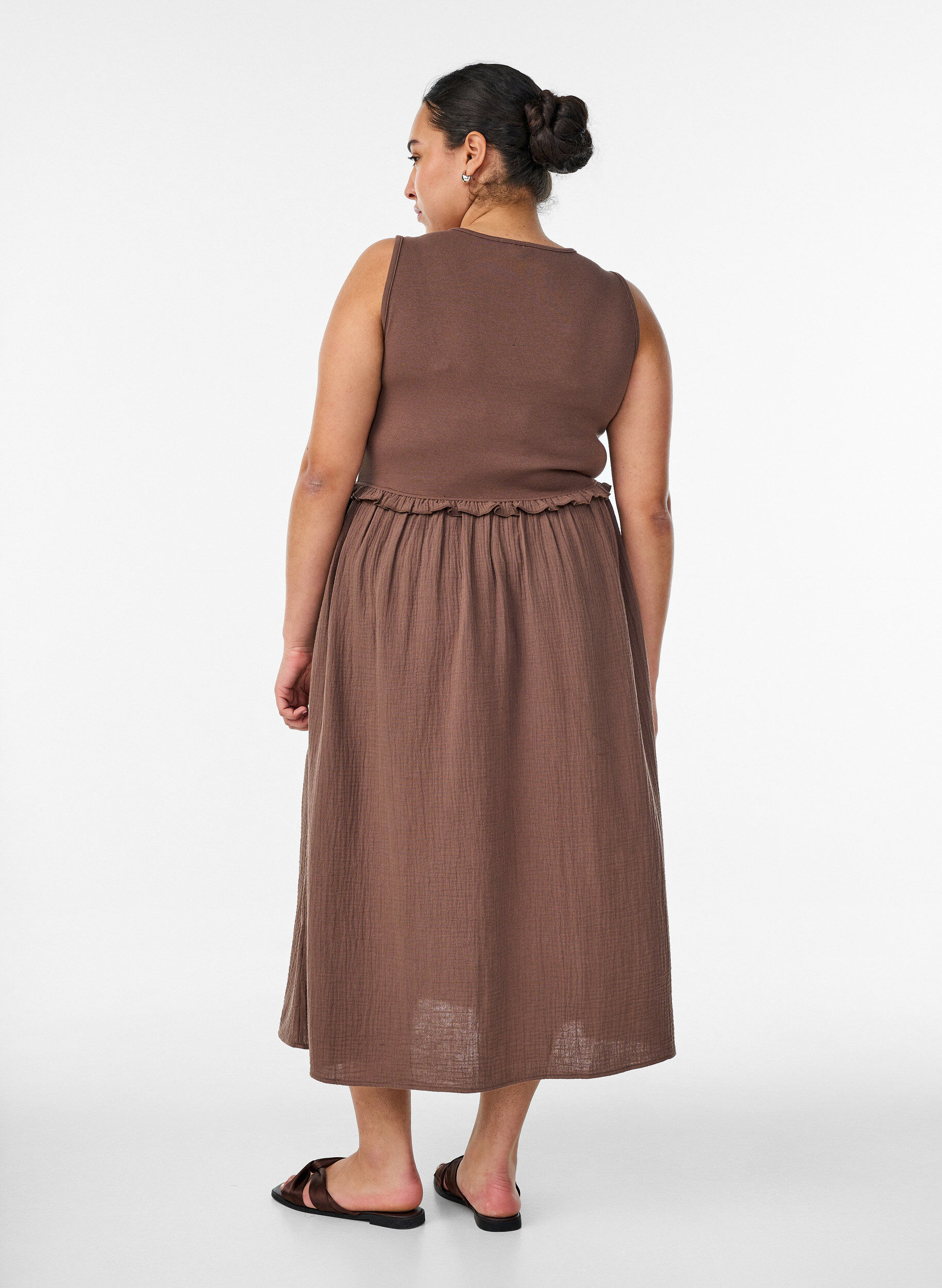 ZizzifashionSleeveless cotton midi dress with rib and muslin, Brown, Model image number 1