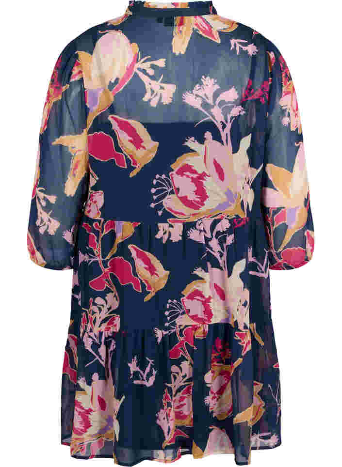 Floral tunic with 3/4 sleeves and ruffle collar, Big Flower AOP, Packshot image number 1