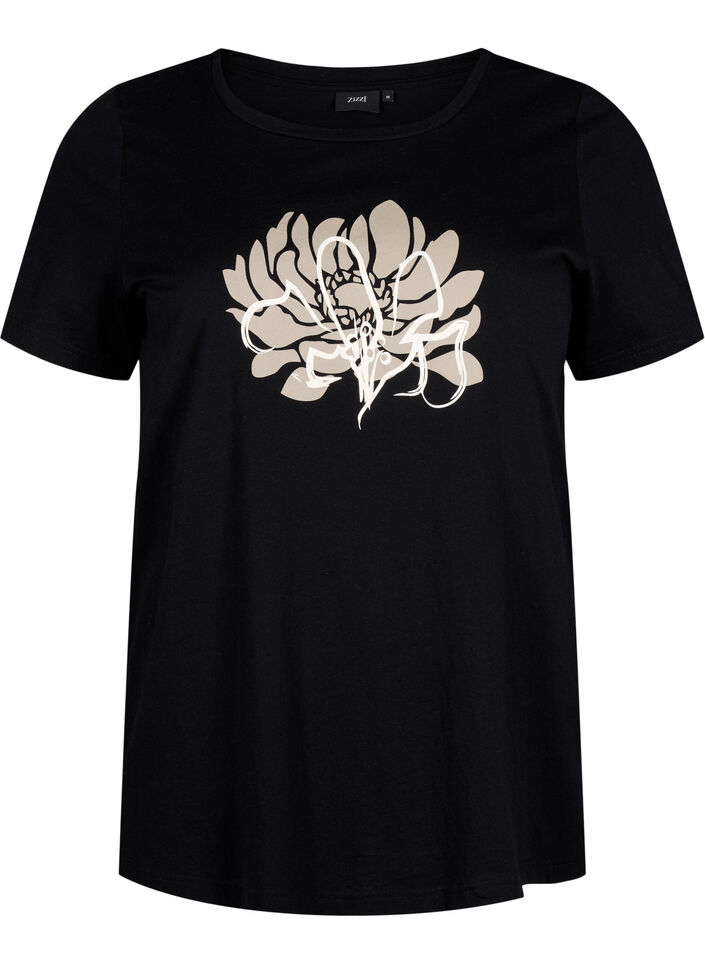 T-shirt with a motif, Black w. Flower, Packshot image number 0