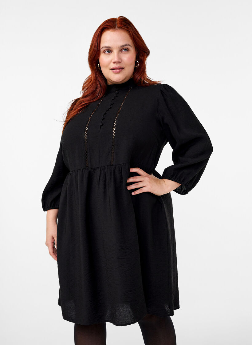 Knee-length dress with embroidery and 3/4 sleeves, Black, Model image number 0