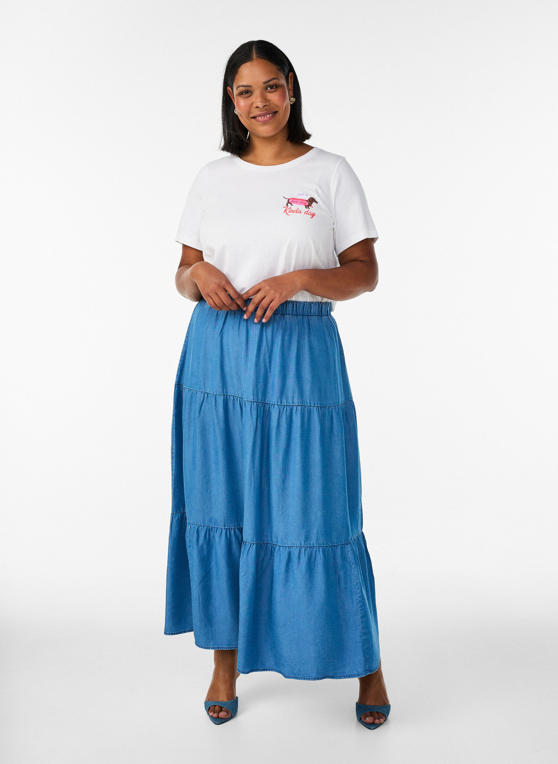 Denim maxi skirt with ruffles, Blue, Model