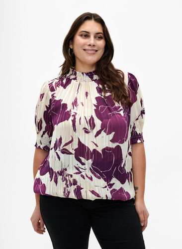 Short-sleeved smock blouse with print, D.Purple Graphic AOP, Model image number 0