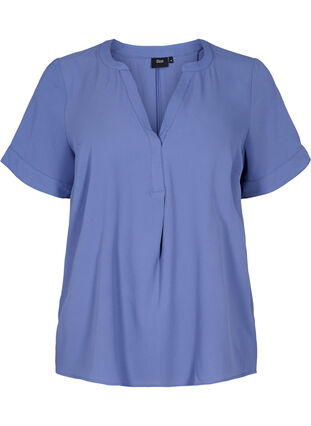 Short-sleeved blouse with v-neckline, Coastal Fjord, Packshot image number 0