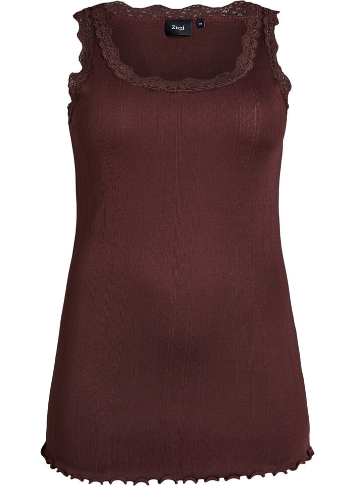 Tank top with lace trim and eyelet embroidery, Brown, Packshot image number 0