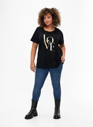 Cotton T-shirt with gold-colored text, Black w. Gold Love, Model image number 2