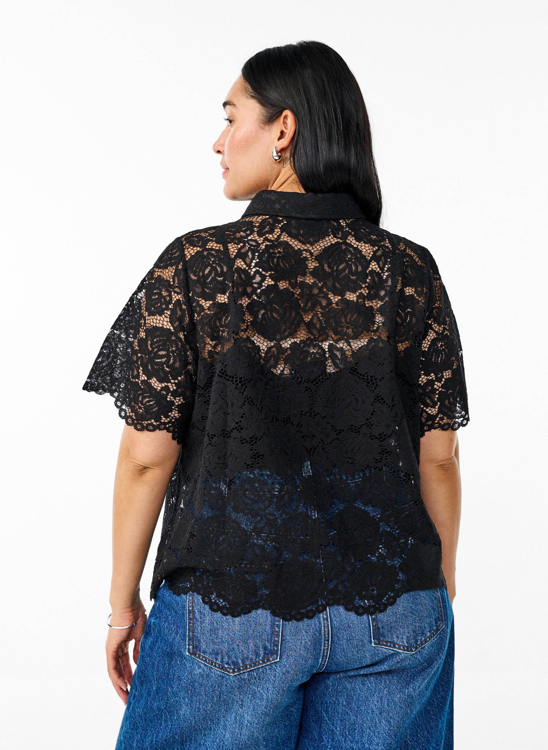 ZizzifashionLace shirt blouse with pearl buttons, Black, Model image number 2