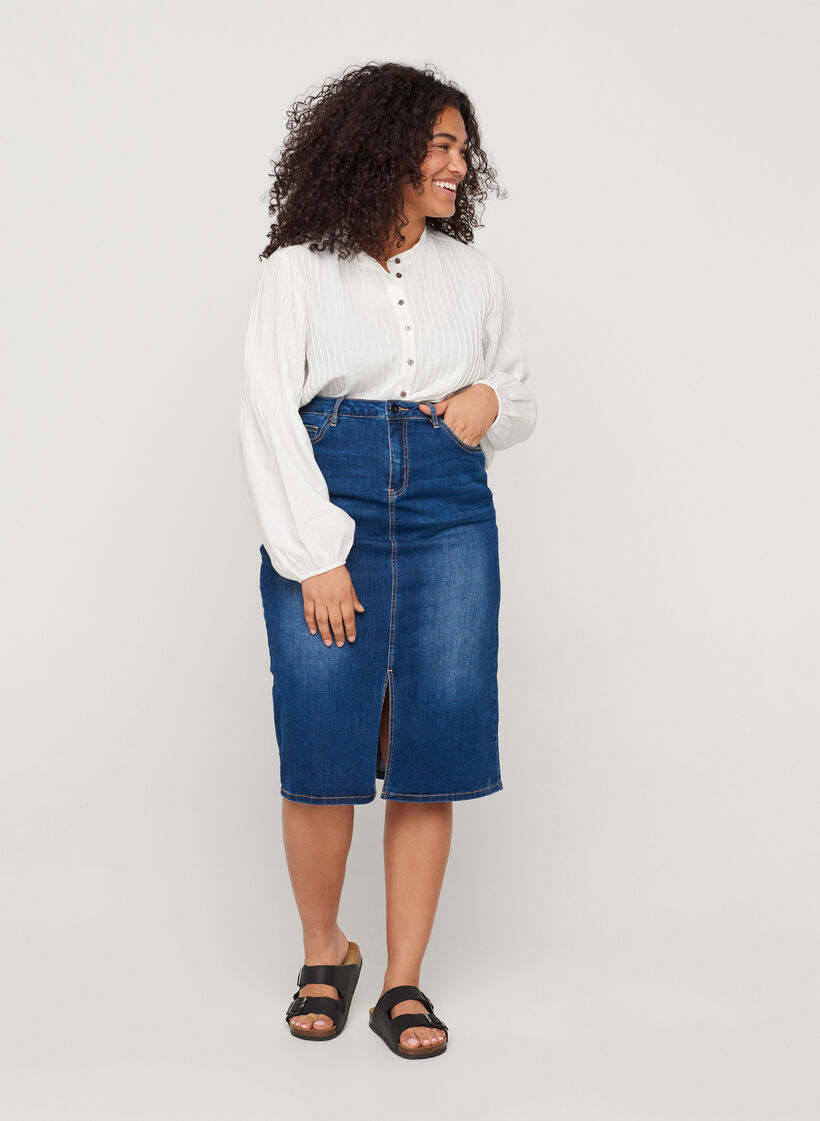Denim midi skirt with slits, Blue, Model image number 1