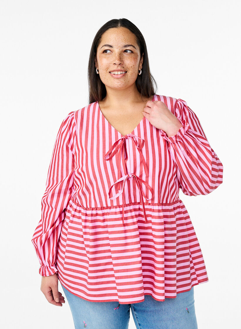 Blouse with stripes and bows, Red, Model image number 0