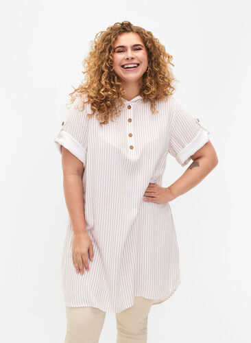 Short-sleeved viscose tunic with hood, White Natural Stripe, Model image number 0