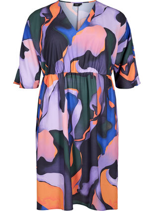 Midi dress with v-neck in coloured print, Big Scale Print, Packshot image number 0