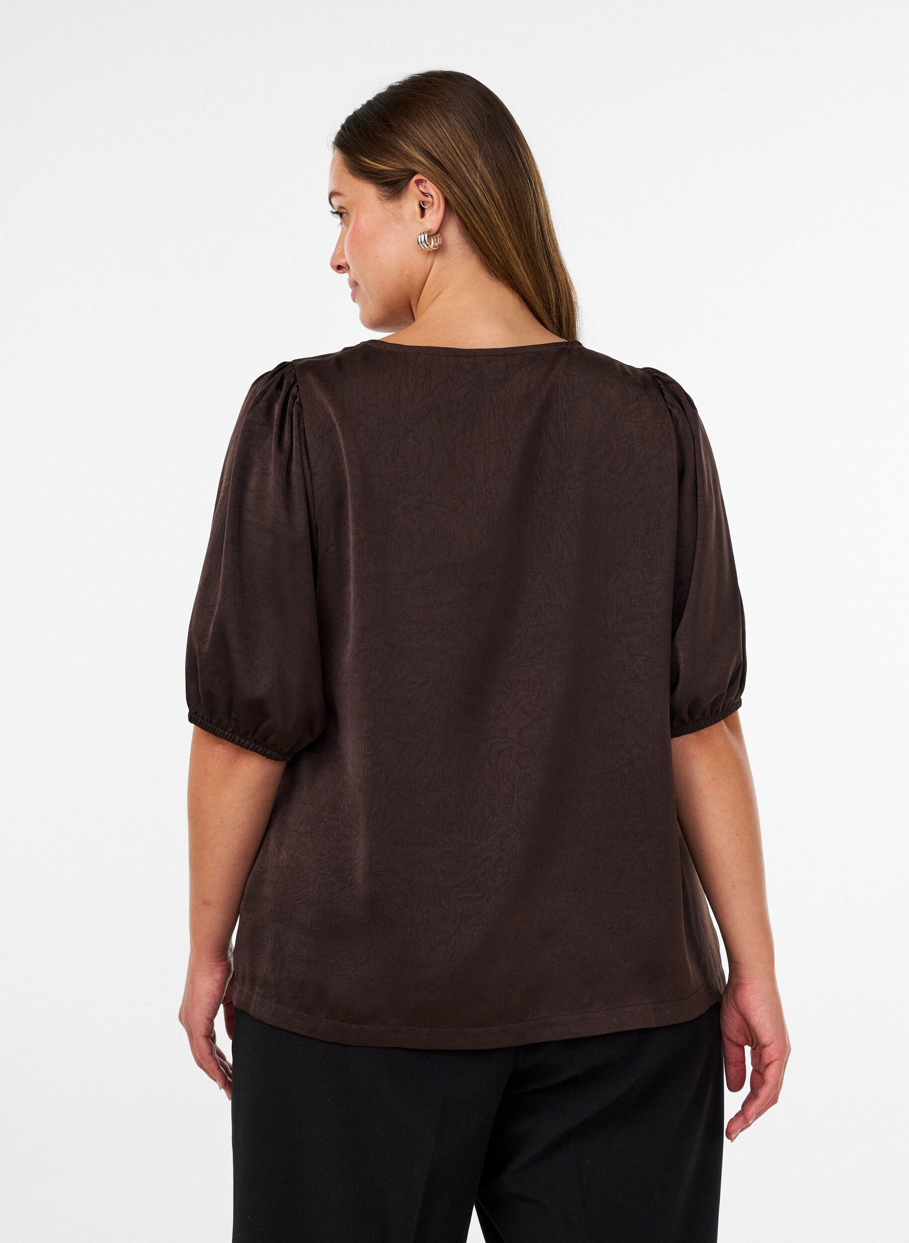 ZizzifashionSatin blouse with bows and elbow-length sleeves, Brown, Model image number 2