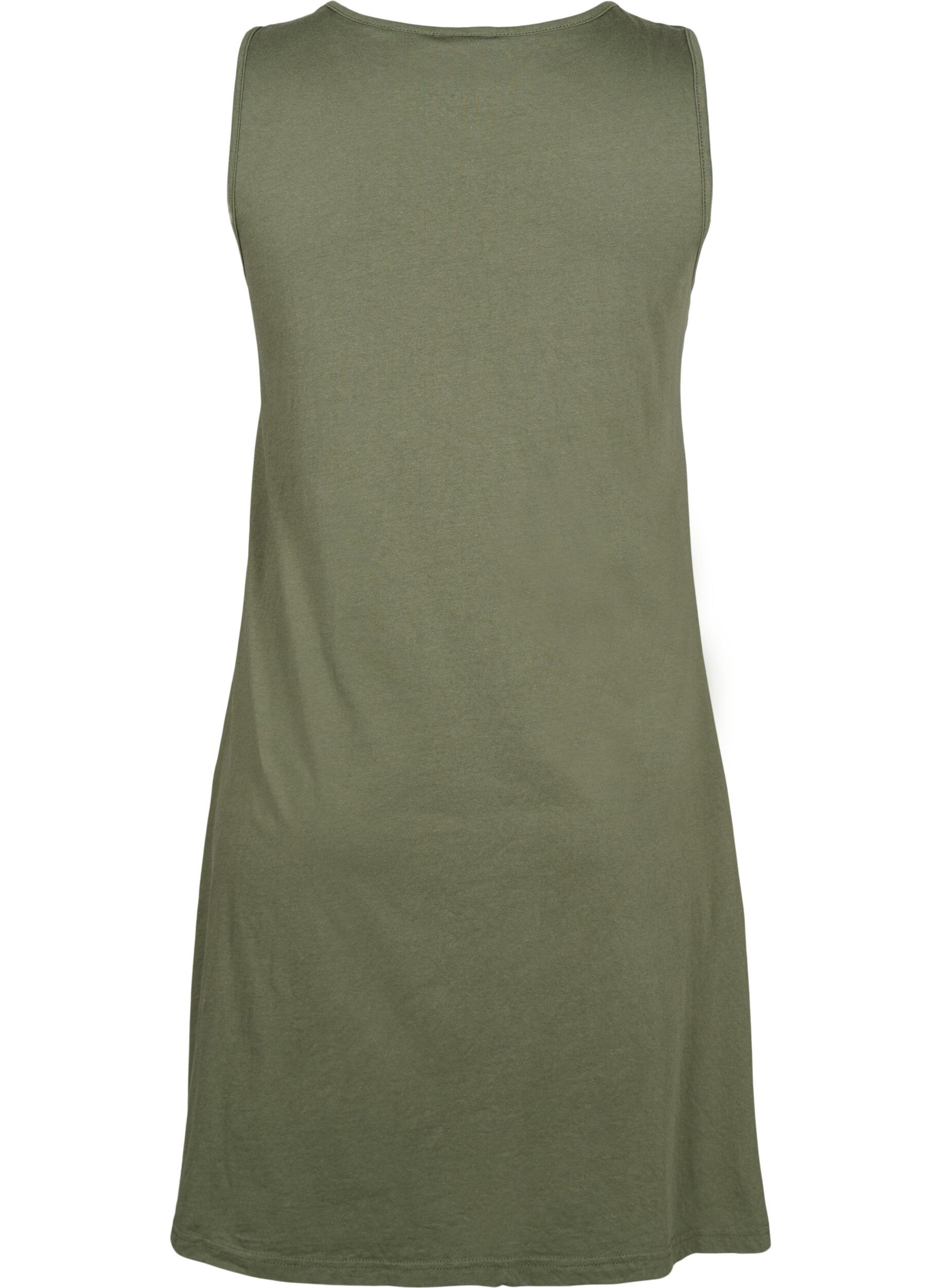 Zizzifashion Sleeveless cotton dress with a-shape, Thyme W. Palm trees, Packshot image number 1