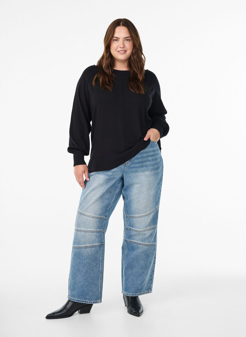 Knit blouse with centre seam and raglan sleeves, Black, Model image number 1