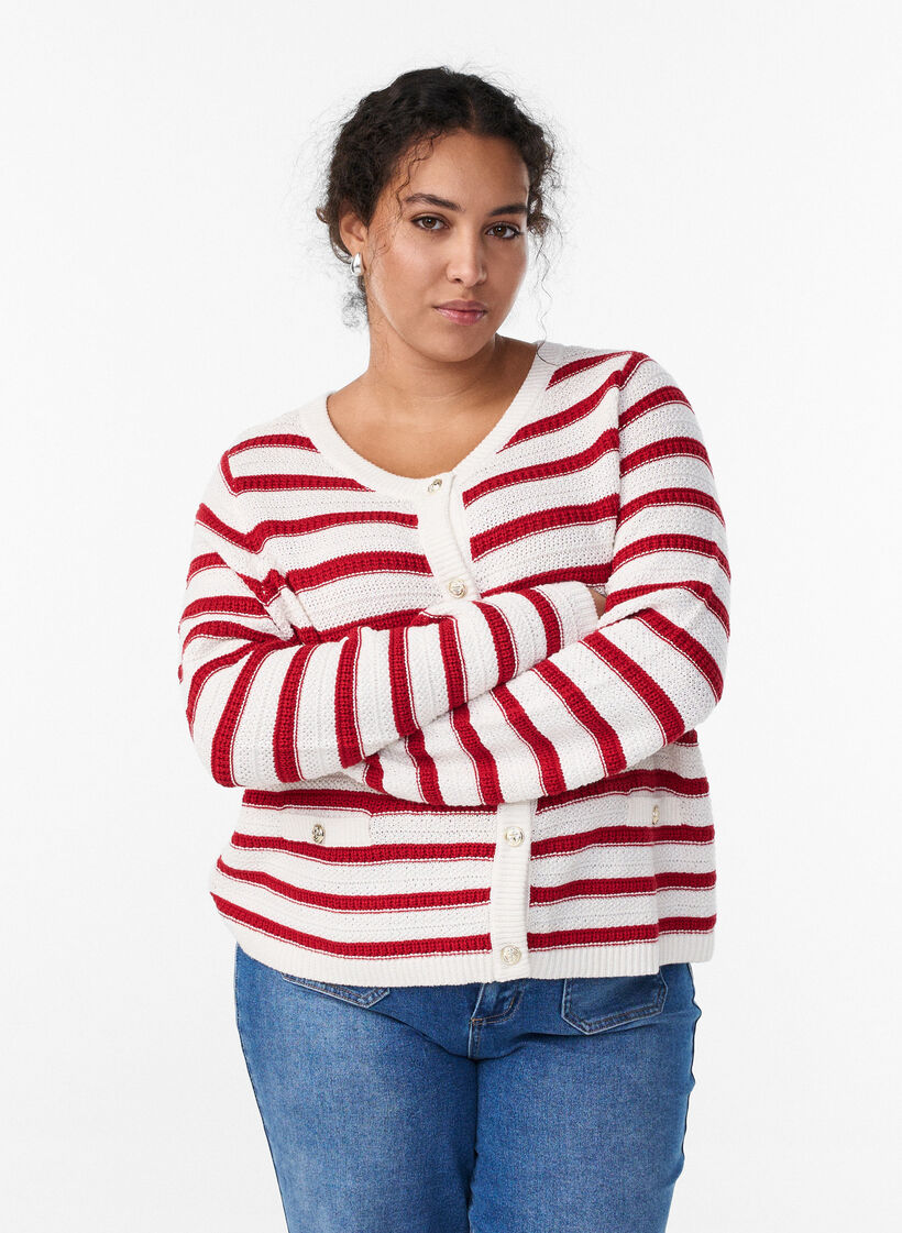Cardigan with textured knit and decorative buttons, Red, Model image number 0