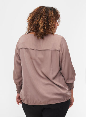 Blouse with v-neck and smock detail, Deep Taupe, Model image number 1