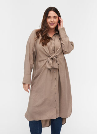 Shirt dress with binding detail and slit, Brindle, Model image number 0