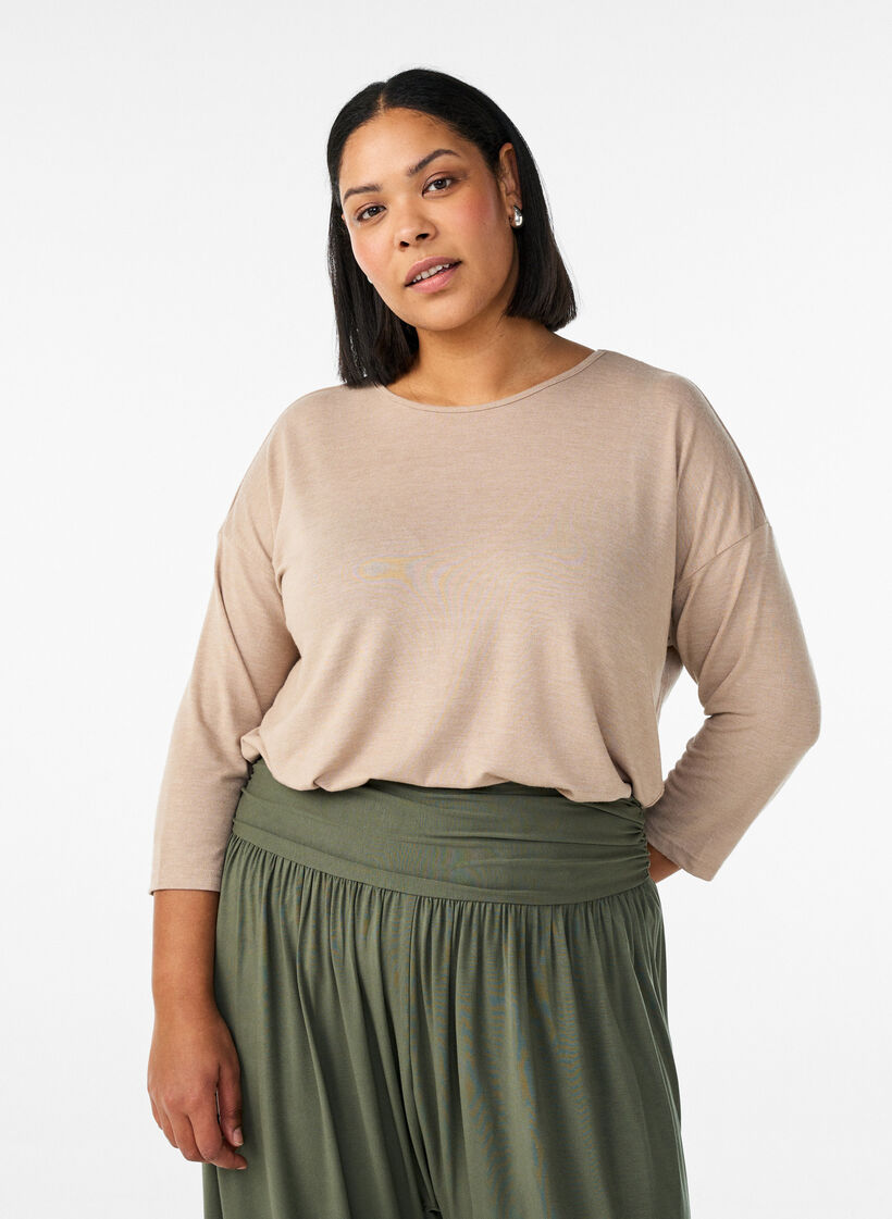 Jersey blouse with 3/4 sleeves, Beige, Model image number 0