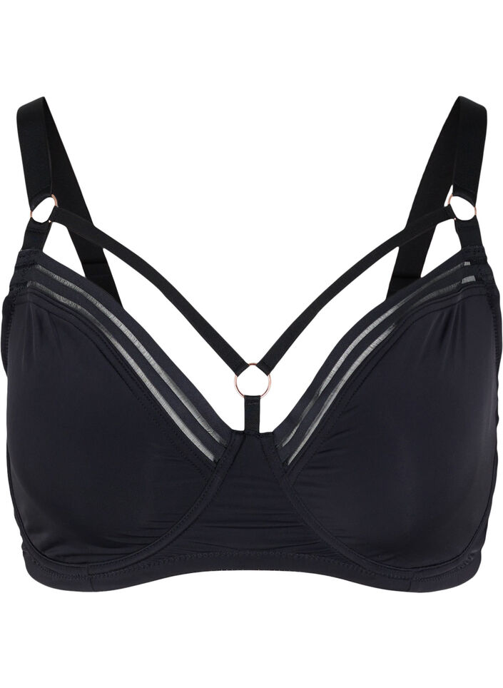 Full cover underwired bra with string details - Black - Sz. 85E-115H -  Zizzifashion