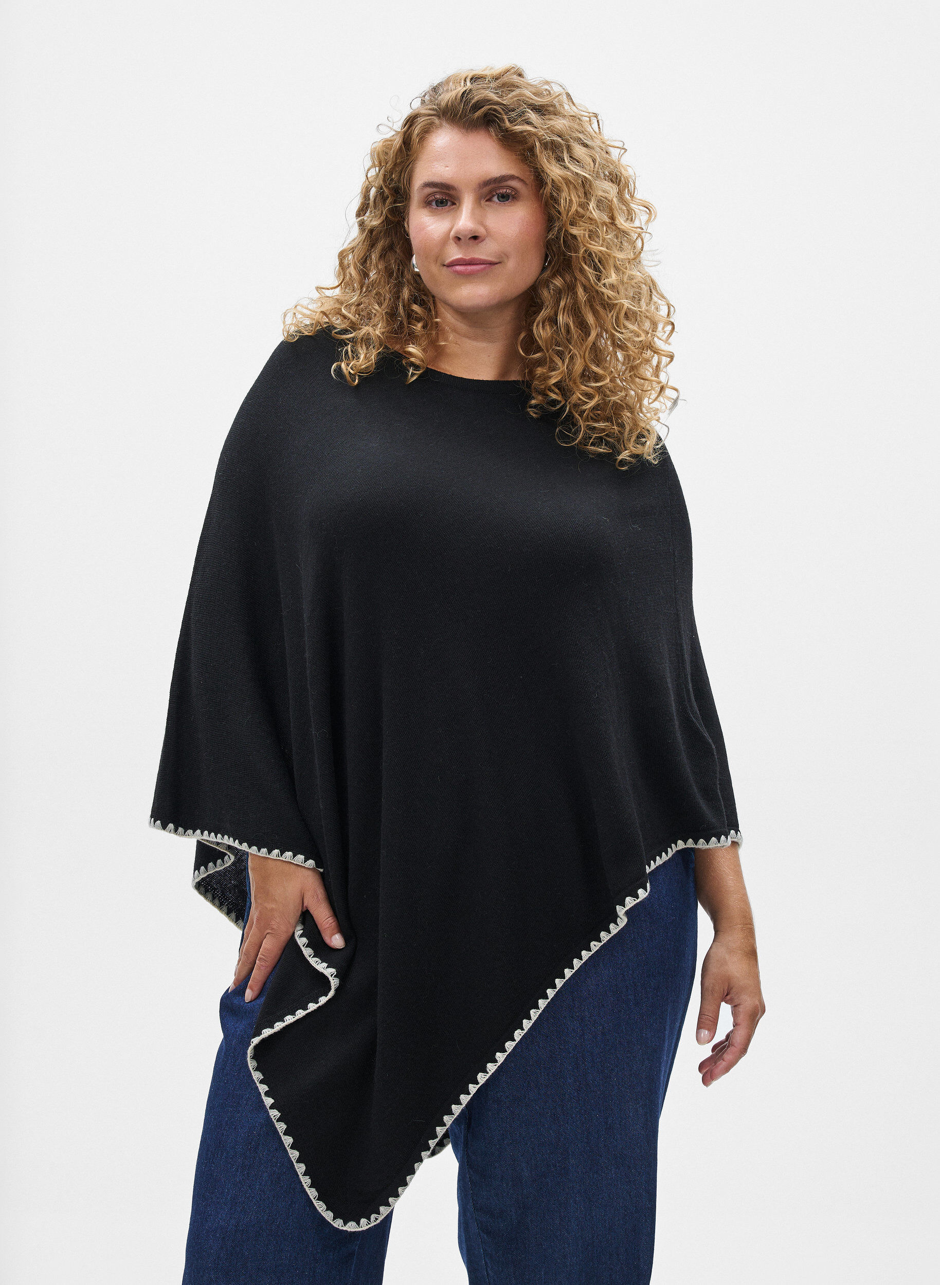 ZizzifashionFine-knit poncho, Black, Model image number 0