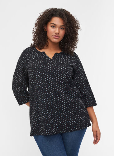 Cotton top with 3/4-length sleeves and floral print, Black w. Blue Flower, Model image number 0