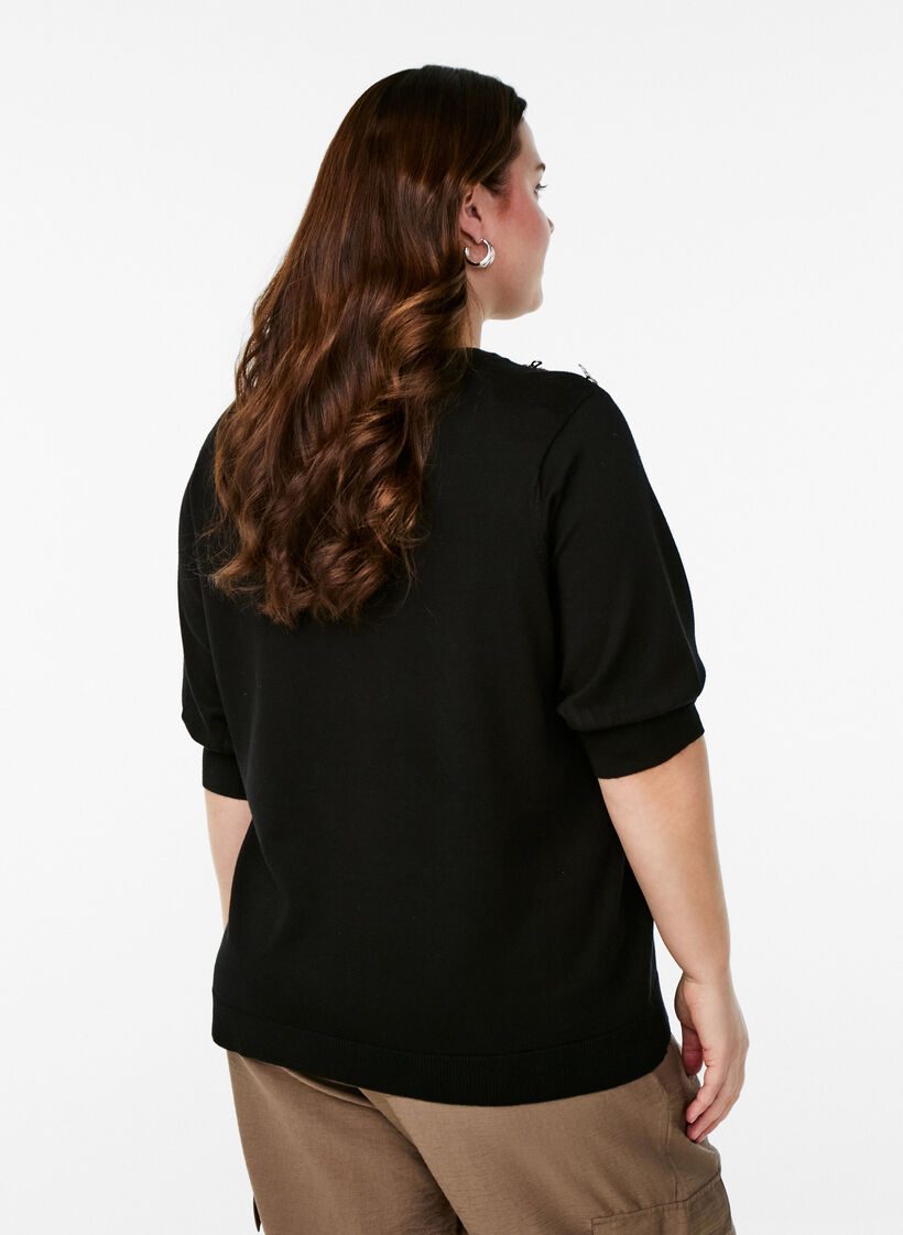 Knitted blouse with short sleeves and small bows, Black, Model image number 2
