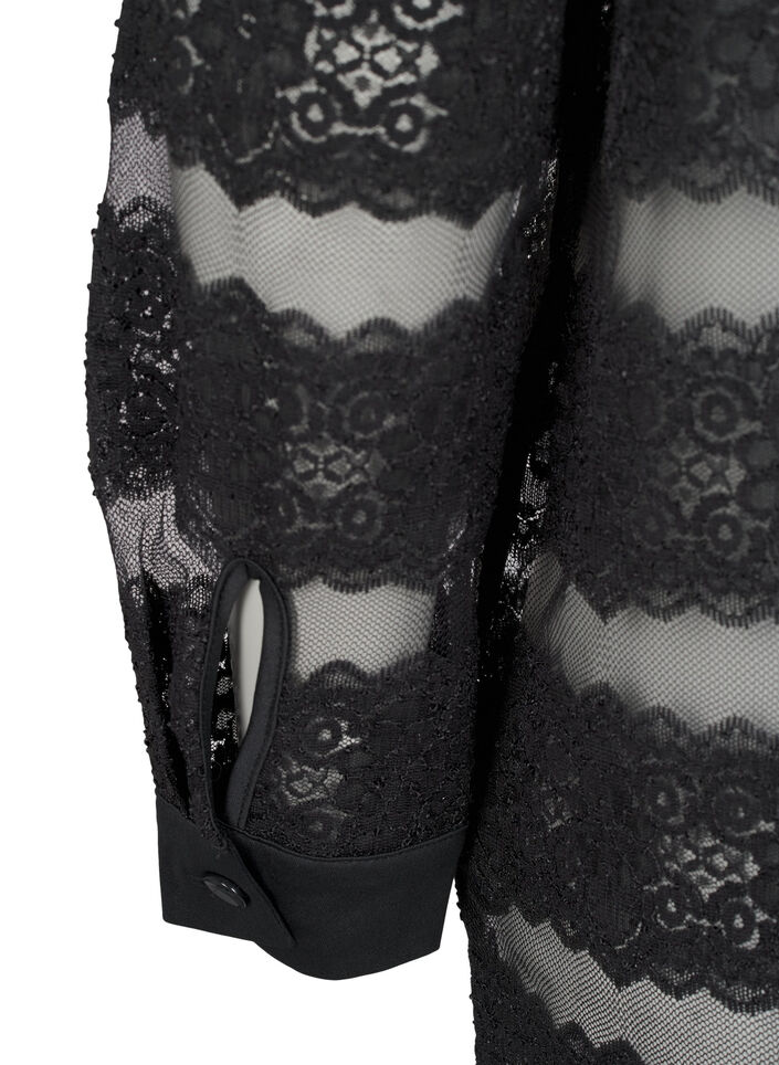 Loose shirt with lace and sheer mesh, Black, Packshot image number 3
