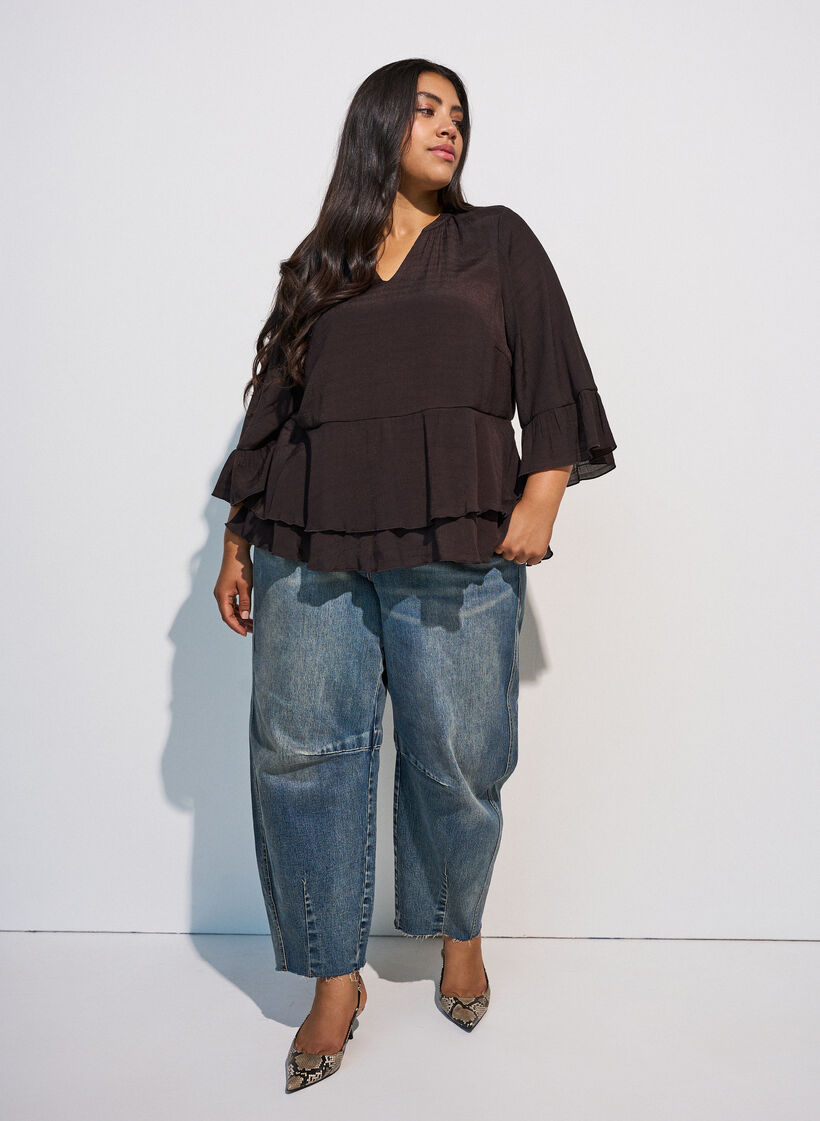 Blouse with 3/4-sleeves and ruffle details, Brown, Model image number 1