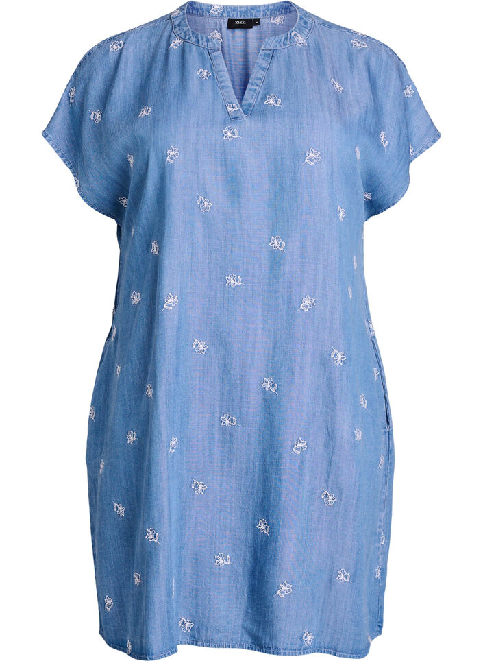 Lyocell dress with a denim look and embroidered flowers, Light Blue, Packshot image number 0