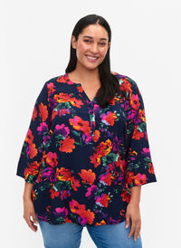 Blouse in viscose with 3/4 sleeves, D. Blue Flower AOP, Model