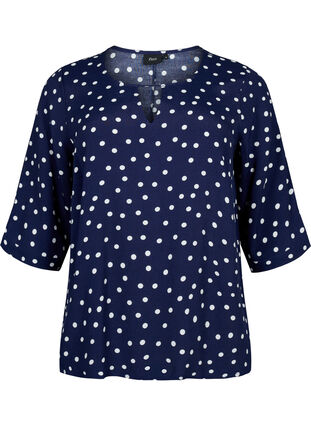 Printed viscose blouse with short sleeves, Peacoat Dot, Packshot image number 0